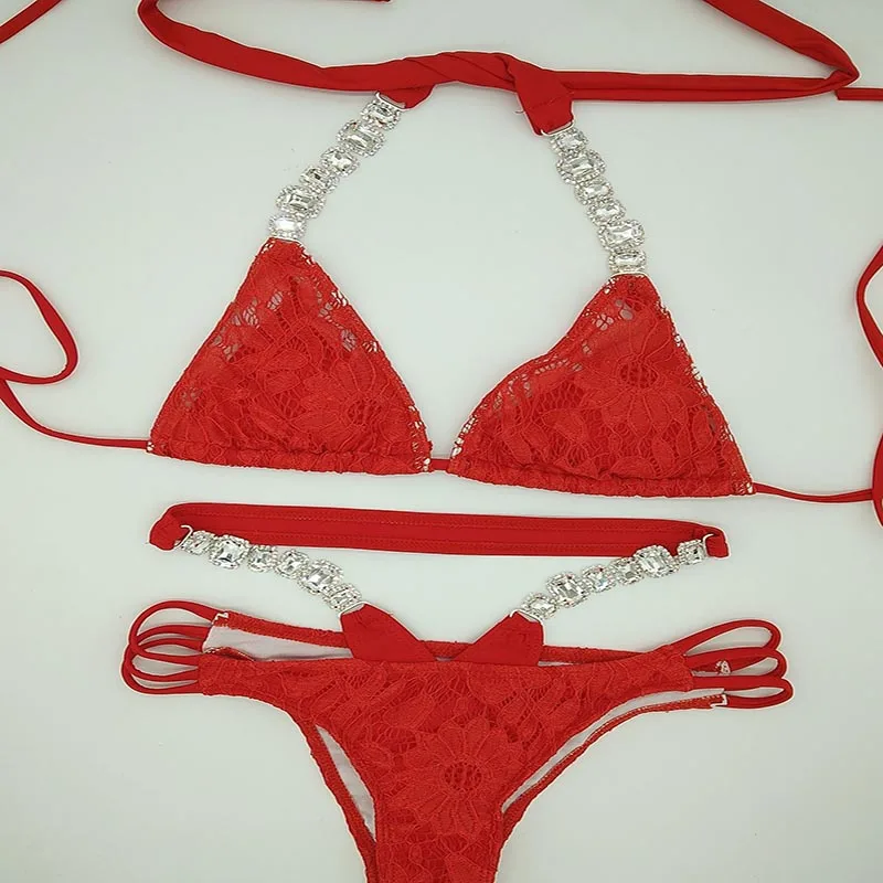 Bikini en dentelle ajouré pour femmes, maillot de bain en cristal, pierres scintillantes, nouveau style de vacances, 2020