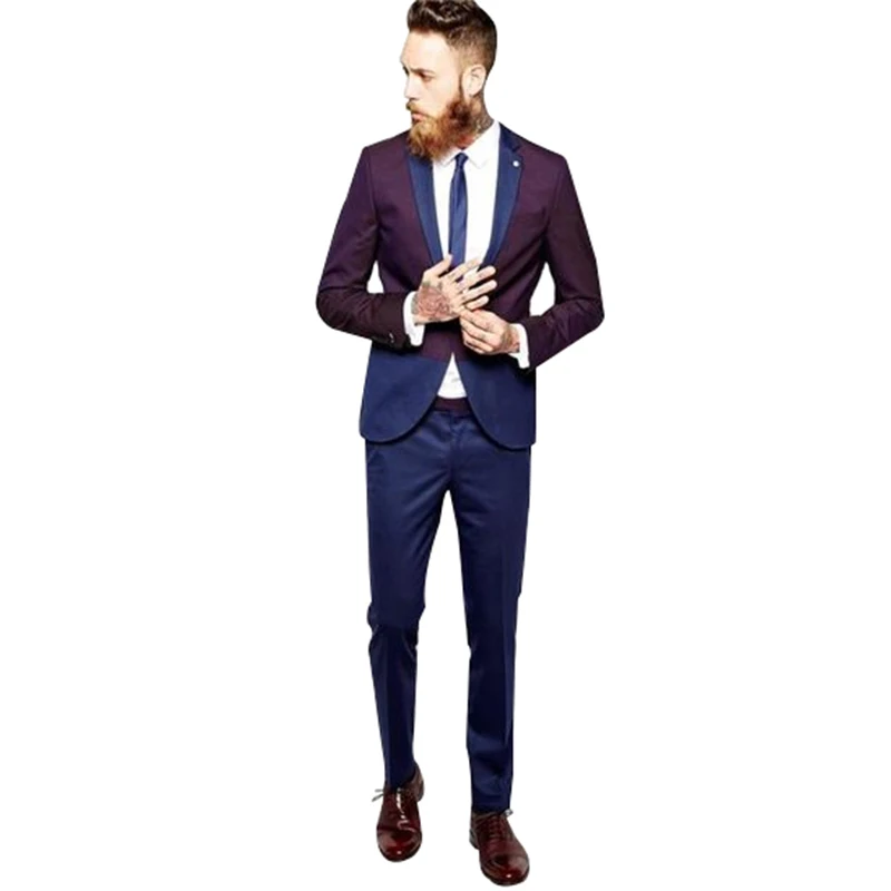 

ANNIEBRITNEY 2 Piece Men Slim Fit Formal Suit With Pants 2020 New Groom Wedding Tuxedo Purple Navy Prom Wedding Skinny Men Suit