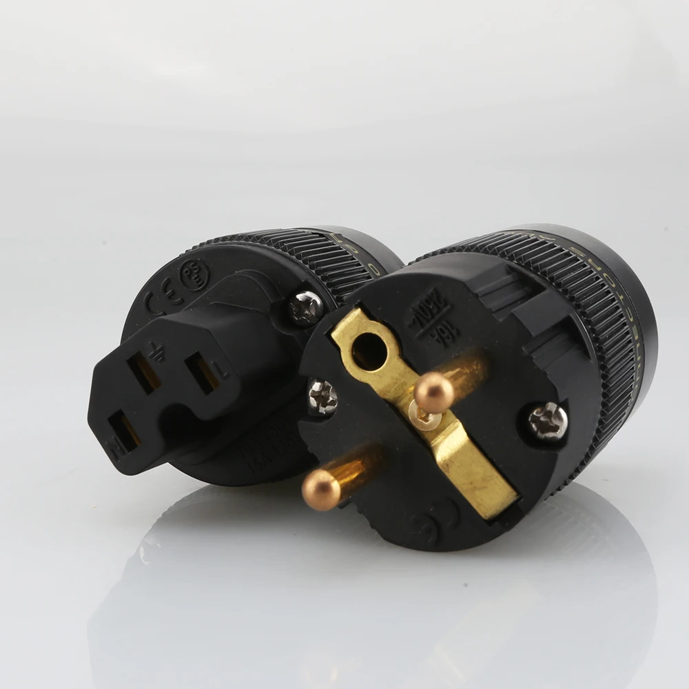 24K Gold Plated Schuko EU Power Plug IEC C13 Connector High End HIFI Audio AC Mains Plug Brass For Amplifier DAC