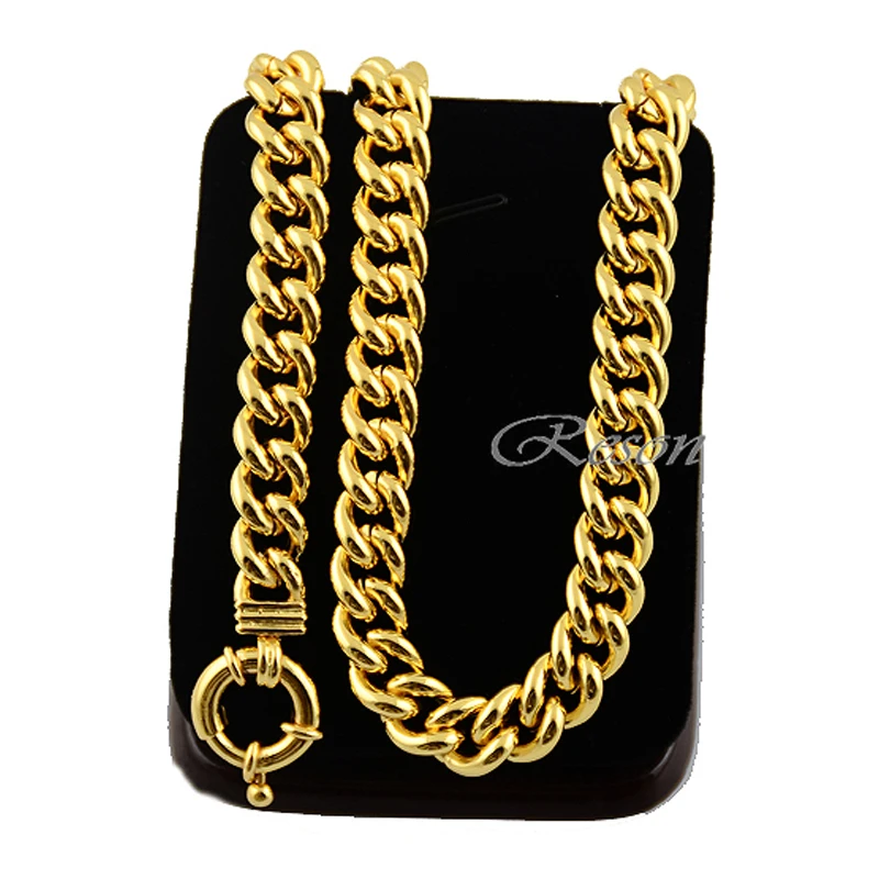 1pcs Chunly Heavy Wide 10MM Chains Man Woman Gift Yellow Gold Color  Link Curb Necklace 20inch Bracelet