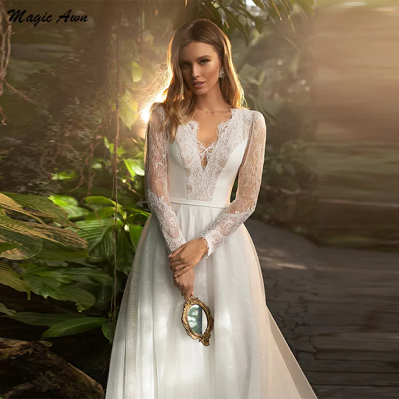 Vestido de noiva mágico awn, manga comprida, boho, renda, ilusão, princesa, boho, linha a, 2021