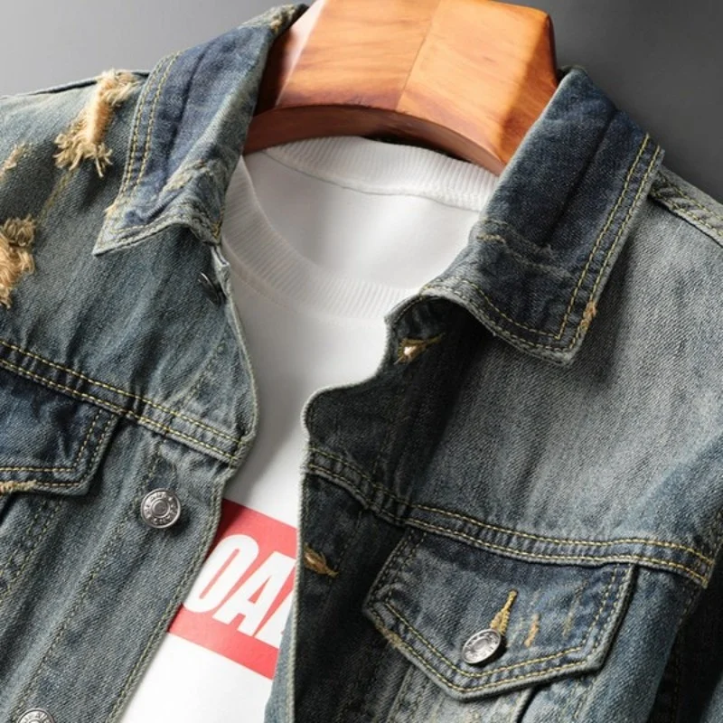 New Autumn Ripped Hole Denim Coat Men Casual Slim Fit Personality Washed Jean Jacket Vintage Blue Long Sleeve Biker Jaqueta