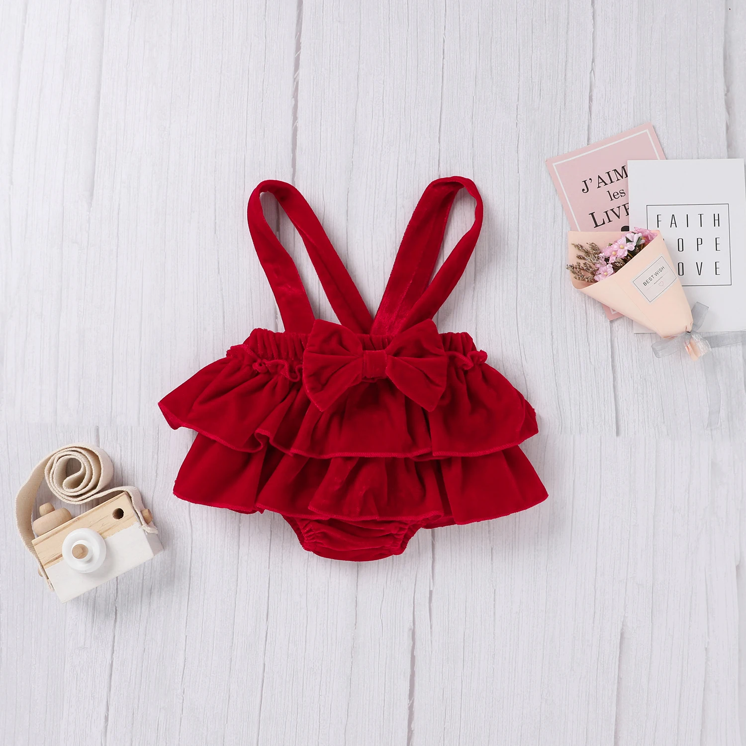 Toddler Infant Baby Girl Clothes Set Cute Ruffle Short Sleeve Knitted Romper+Velvet Suspender Layered Skirt+Headband 0-24M