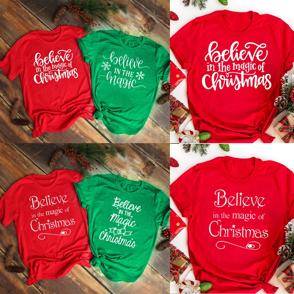 Believe In The Magic of Christmas Children Christmas Shirts Boys Girls Red and Green Holidays Tee Shirt Fashion Tops Wear