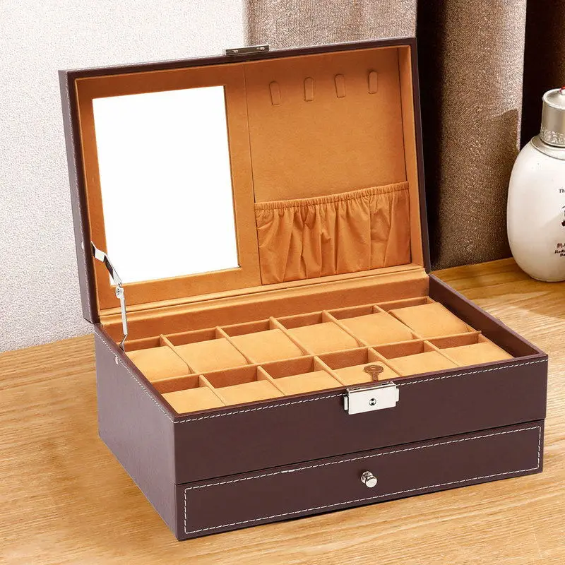 2 Layer Jewellery Box Rings Necklaces Storage Drawer Bracelets Watch Display Case Leather Organizer with Mirror and Lock