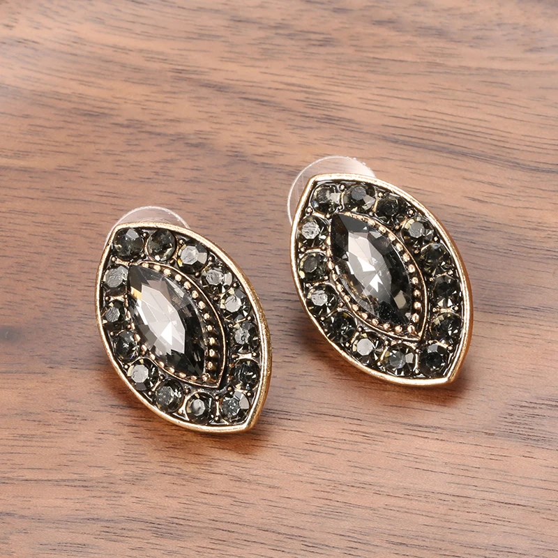 Kinel 2020 New Boho Gray Crystal Flower Big Stud Earrings For Women Antique Gold Vintage Wedding Fashion Turkish Jewelry