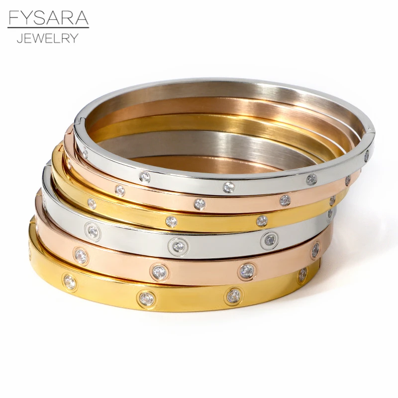 FYSARA Luxury Lover Jewelry Women Bangle Titanium Steel Couple Jewelry Full CZ White Crystal Buckle Bracelets Bangles Men