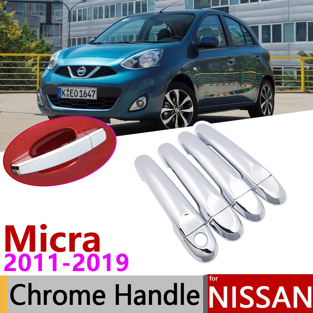 for Nissan Micra K13 Renault Puls 2011~2019 Chrome Door Handle Cover Car Accessories Stickers Trim Set 2012 2014 2016 2017 2018