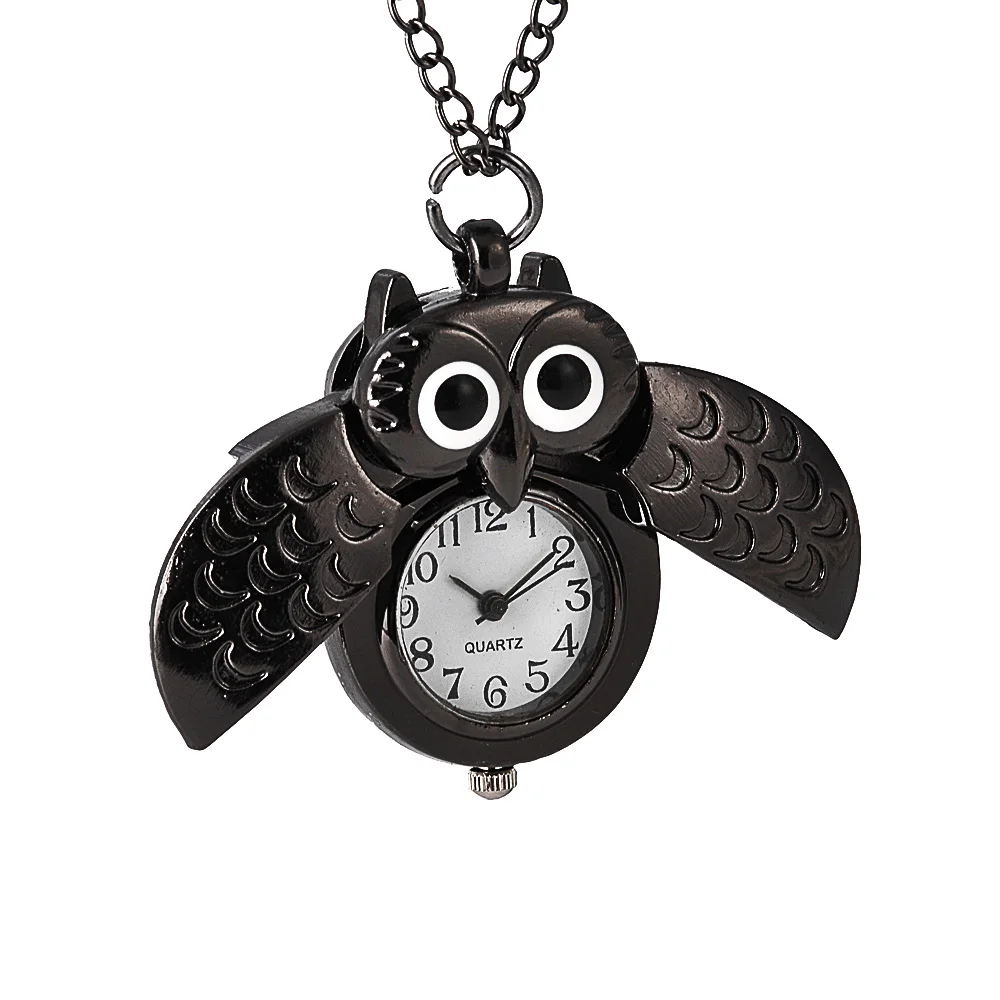 New fashion pocket watch full black owl wings open personality quartz pocket watch with necklace