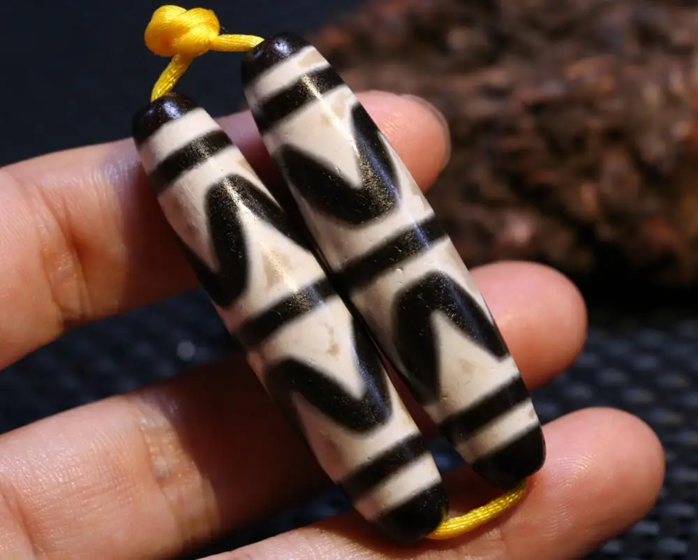 Treasure Talisman pair of Magic Energy Tibetan old Agate tiger-tooth totem dZi Bead 58*14mm FR ZZY timestown