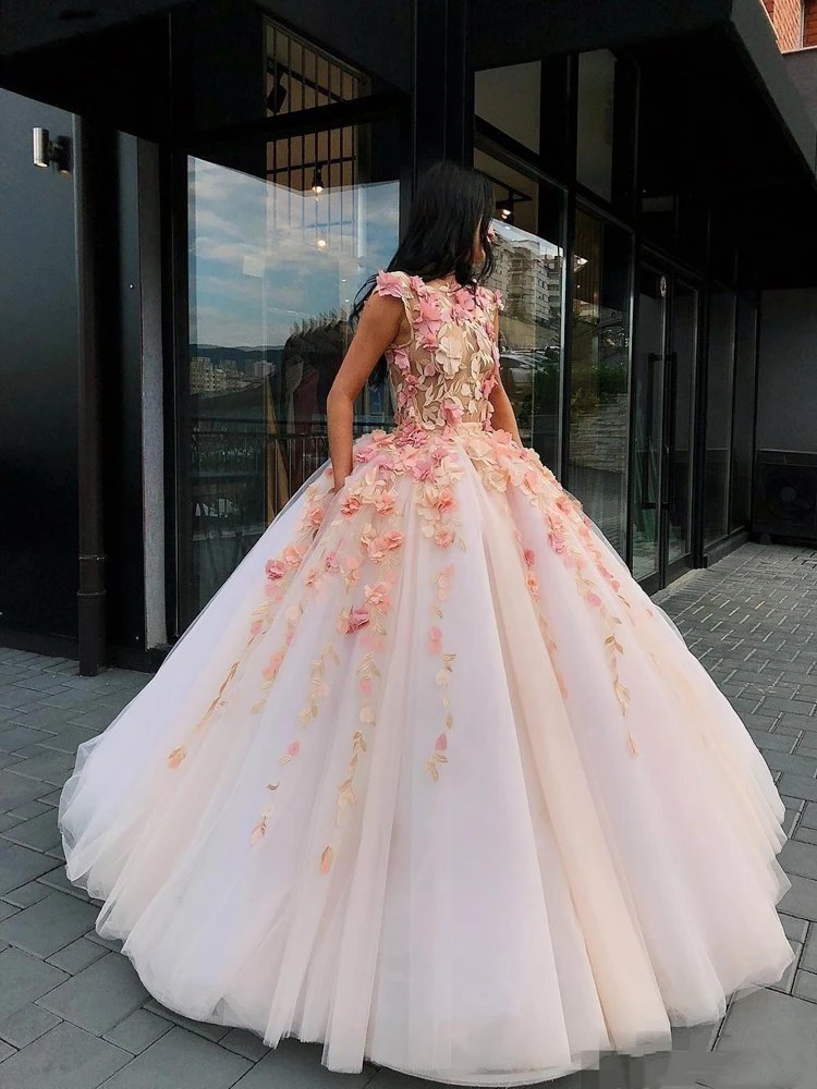 Vestido de baile blanco con apliques florales en 3D, corpiño de ilusión, dulce 16, fiesta de cumpleaños, quinceañera