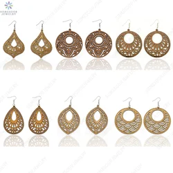 SOMESOOR Big Circle TearDrop Cutting Wooden Drop Earrings Engraved African Ethnic Natural Wood Dangle Jewelry For Women Gifts