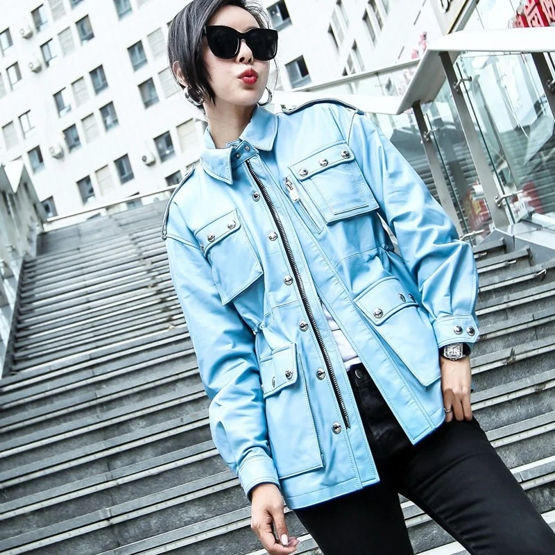 Autumn Womens Genuine Leather Jacket Luxury Streetwear Slim Sheepskin Short Coat Fashion Pink Blue Zipper Rivets Biker Jacket