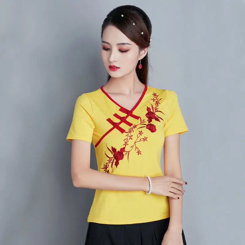 Cheongsam Womens Plus Size Short Tops 2024 Summer Fashion Cotton Blend Embroidery Cheongsam Slim fit Chinese Qipao Shirts Woman