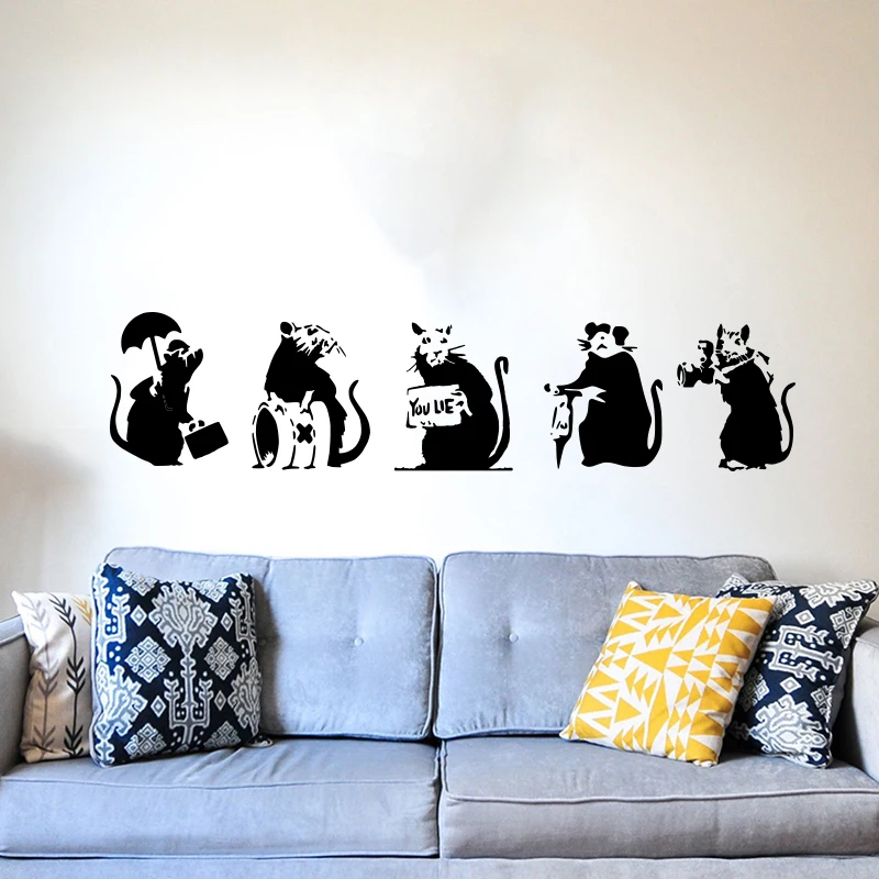 5Pcs Graffiti  Banksy  Rats Mouse Wall Sticker Street Style Rat Animal Wall Decal Bedroom Kids Room VInyl Home Decor