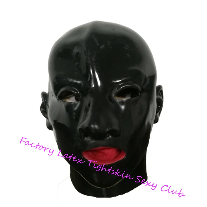 

mould full head Latex Mask Open and Blind Style Rubber Unisex Hood with Red mouth Teeth Lip facing sheath tongue nose tube