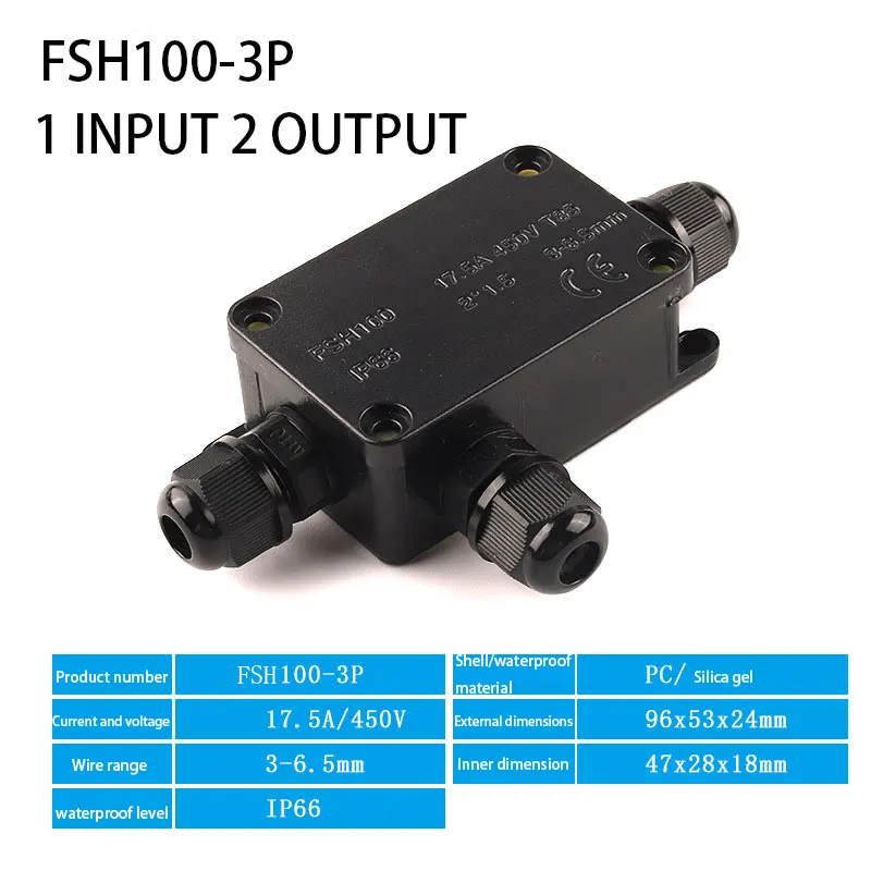 IP66 Outdoor Mini Waterproof Junction Box Black UV Junction Box Fsh100-2P/3P Outdoor Lighting Cable Waterproof Junction Box 450V