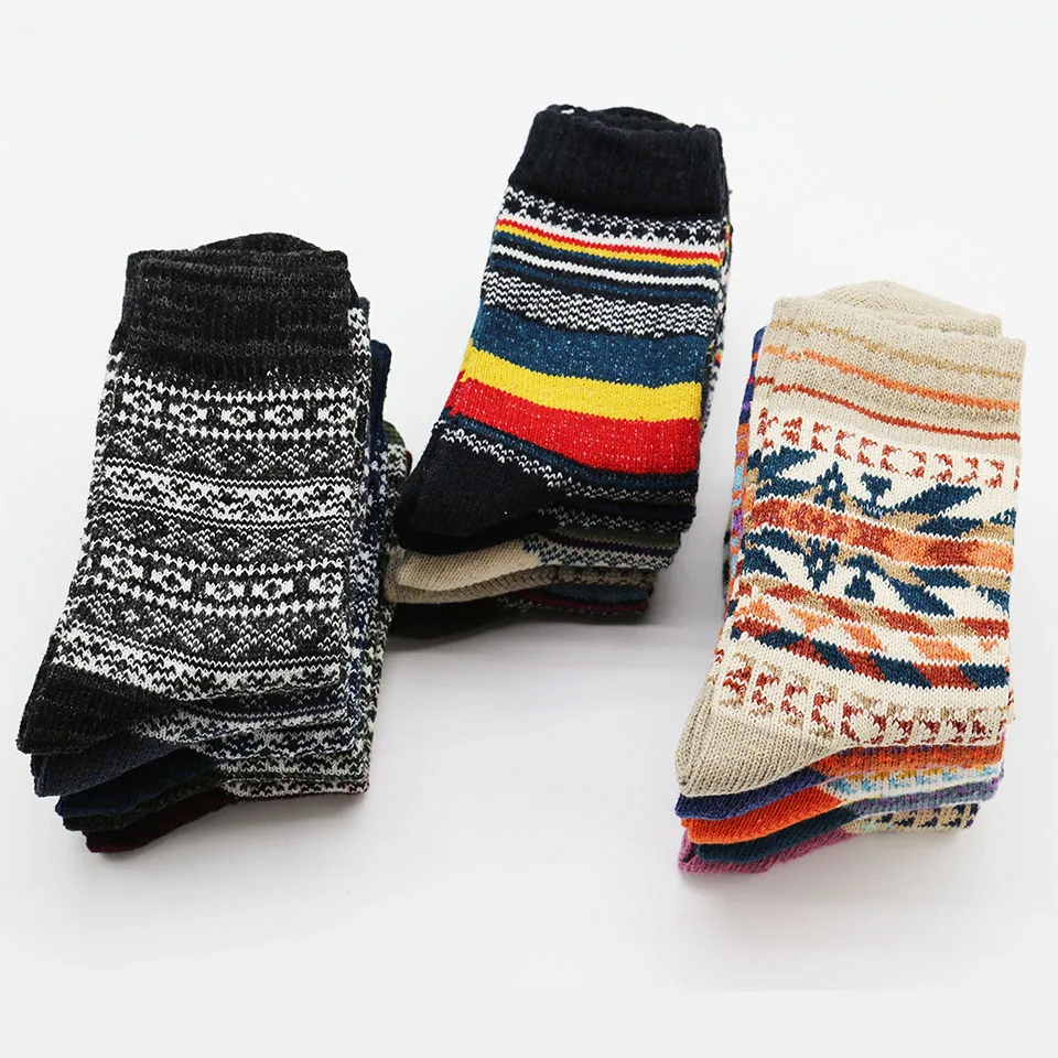 Winter Men's Wool Socks Harajuku Retro Warm Thick Comfortable  Knitted Casual Striped Socks 5 Pair