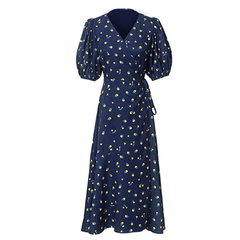 

Women V Neck Puff Sleeve Wrap Dress Floral Print Navy Blue Summer Dress 2021 Korean Style A Line Midi Dress Holiday Vestidos