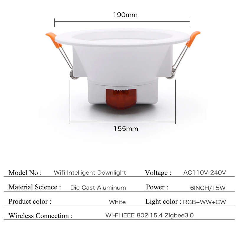 Tuya ZigBee RGBCW 6Inch 15W Recessed Retrofit Downlight  LED Dimmable Fixture Ceiling Light, Alexa Echo PlusHome Automation