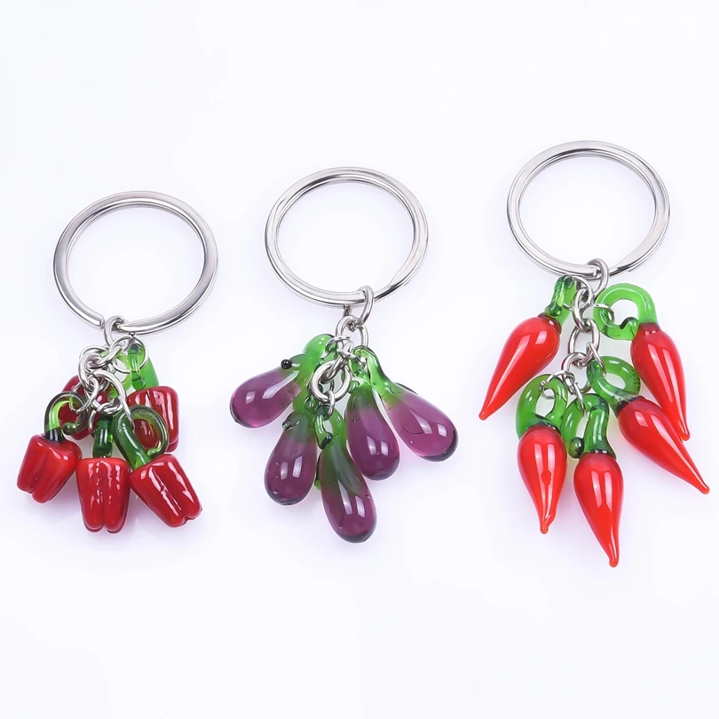 1Pc Creative Glass Vegetable Chilli Pendant Keychain For Women Handbag DIY Lucky Horn Red Pepper Beads Men Llaveros Jewelry Bulk