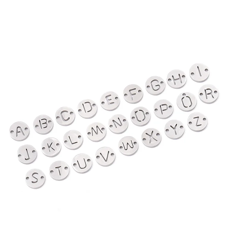 26pcs 9mm Dobule Hole Metal Tag Hollow Letter Pendant Alphabet A-Z Letter Tag Charms Stamp for DIY Necklace Bracelet