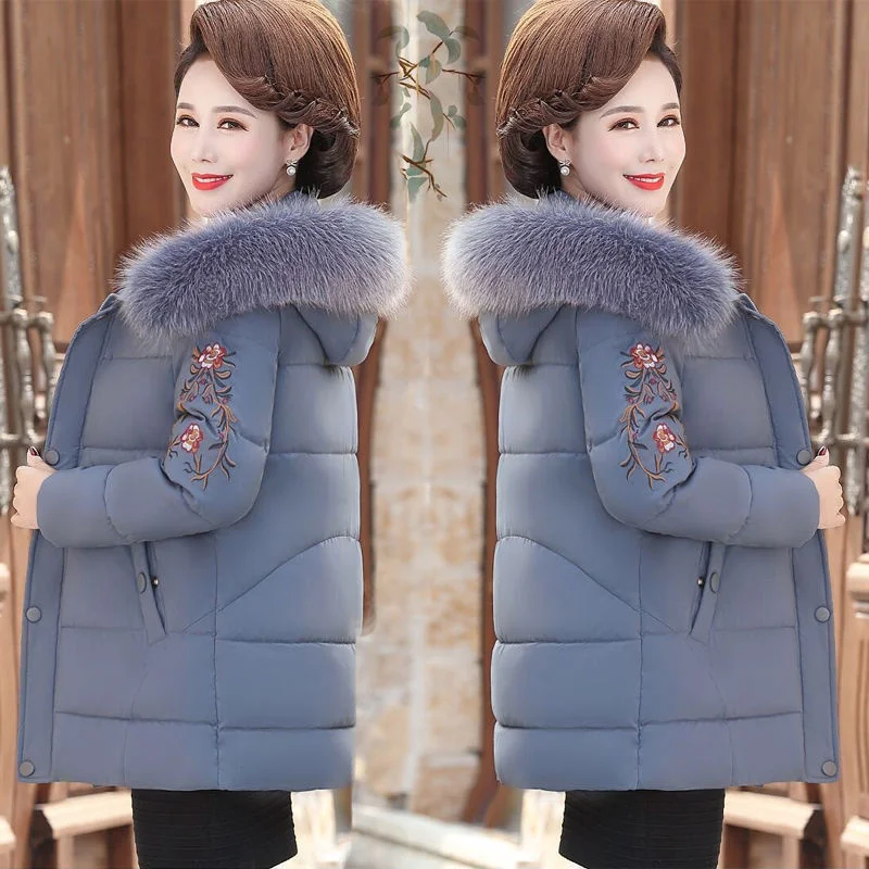 

2021 New Middle-Aged Elderly Down Cotton-Padded Jacket Women's Warm Jacket Mother's Coat Big Fur Collar Thick Padded Coat 5XL