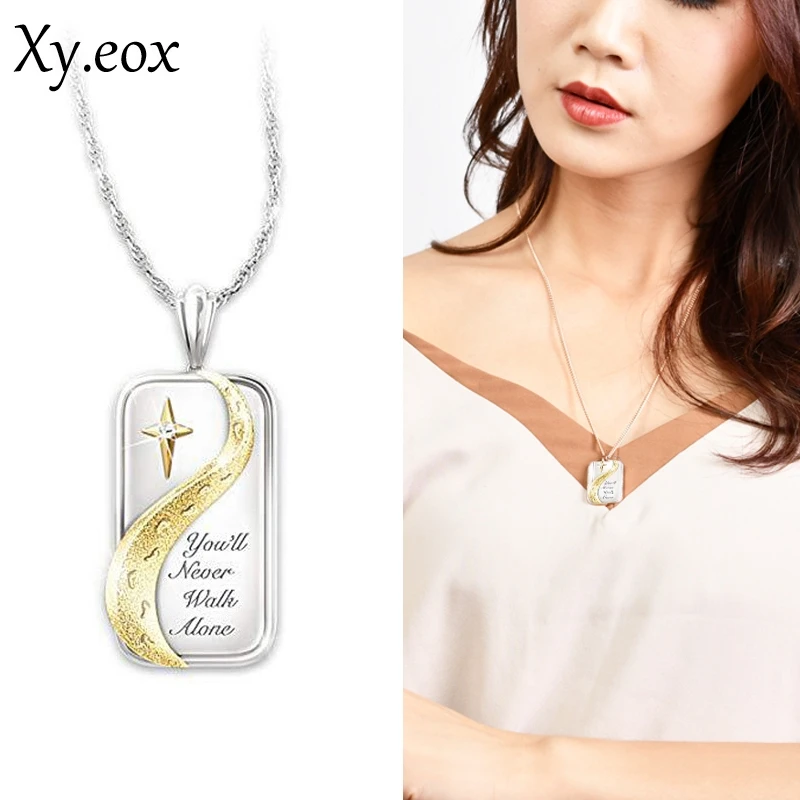 You'll Never Walk Alone Crystal Cross Tag Footprint Pendant Chain Necklace Gift