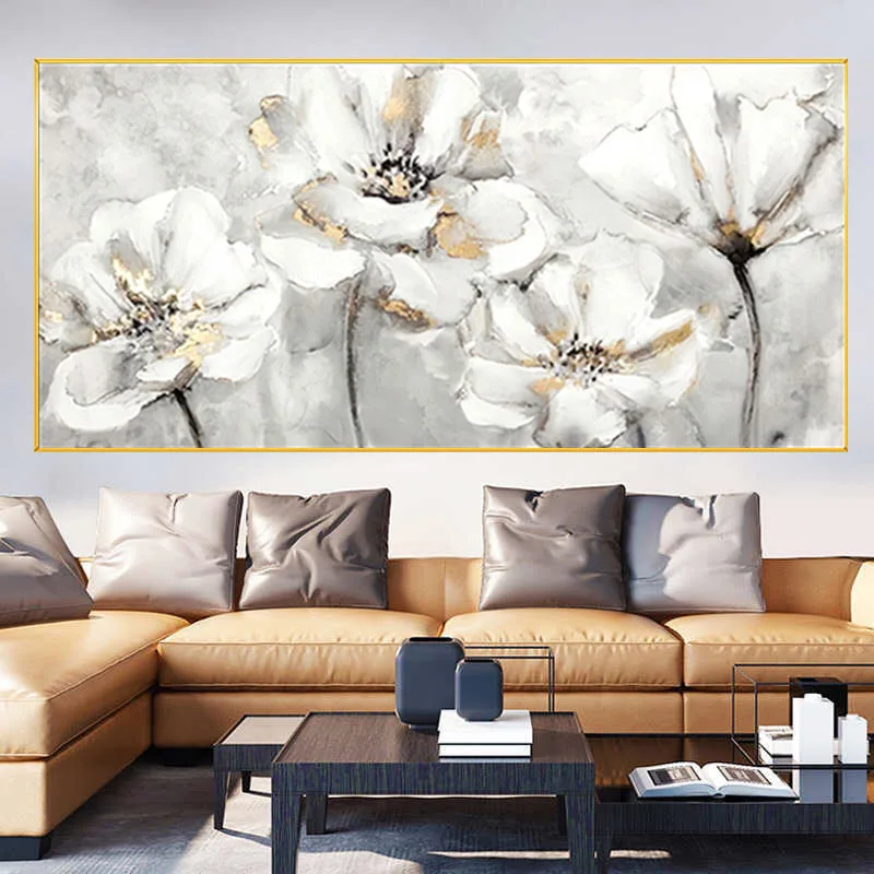 

100% Hand-Painted Oil Paintings Modern Canvas Paint White And Golden Flower Pictures Wall Art For Office Room Home Decor Poster