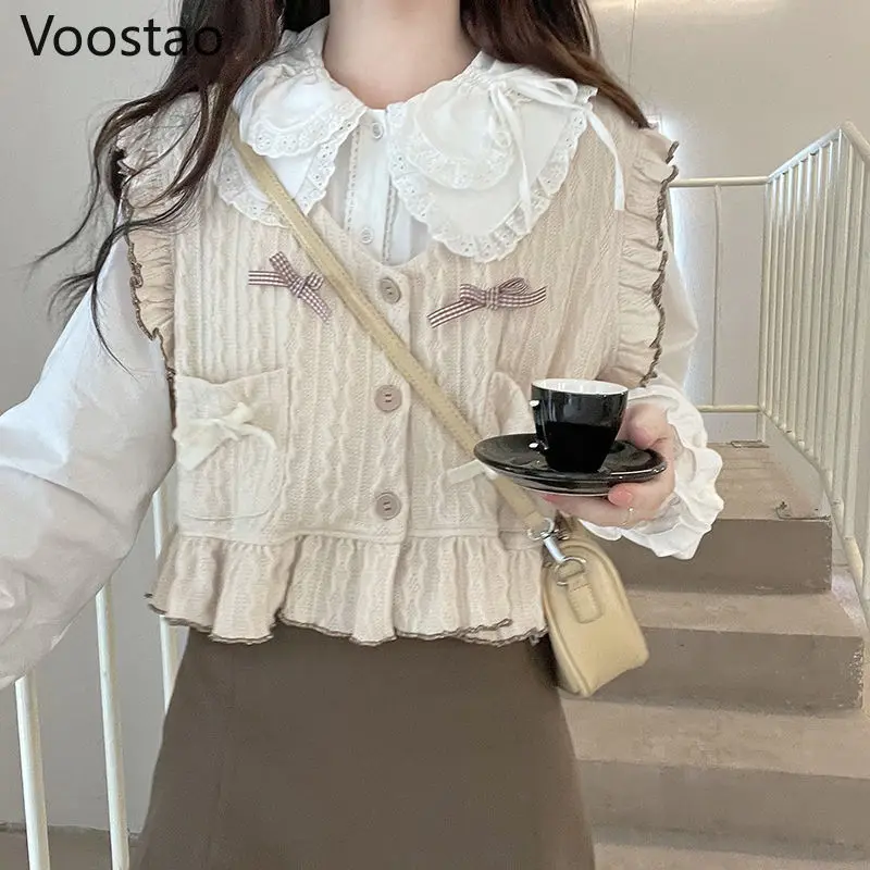 Spring Autumn Sweet Lolita Bow Knitted Sweater JK Cardigan Women Cute Sweater Vest Coat Korean Chic Ruffles Sleeveles Waistcoat