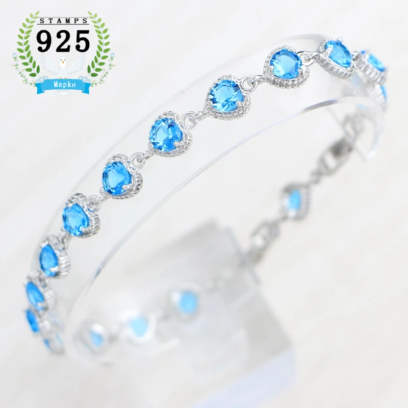 925 Stamp Logo Sterling Silver Bracelet for Women Sky Blue Zircon 17 Cm + 3 Cm Extension 2 Buttons Adjustable Length Bracelet