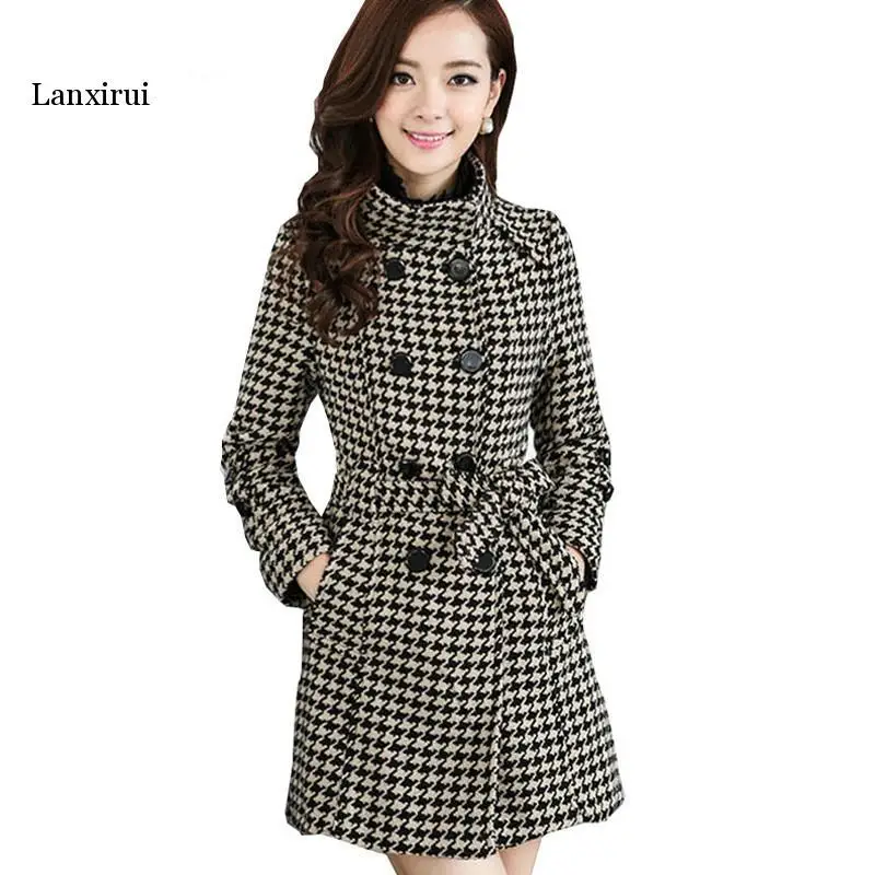 

Autumn Winter Women Windbreaker Coat Black white Houndstooth Boss Self-cultivation Coat Women Lanxirui