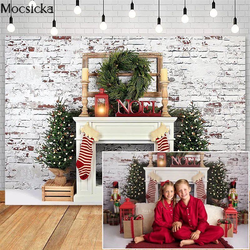 MOCSICKA Christmas Photography Background Xmas Tree Socks Vintage Brick Wall Fireplace Backdrop Decor Kids Family Photo Studio