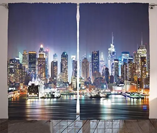 New York Curtains Manhattan Skyline at Night Skyscrapers Panoramic on Tranquil River Picture Living Room Bedroom Window Drapes