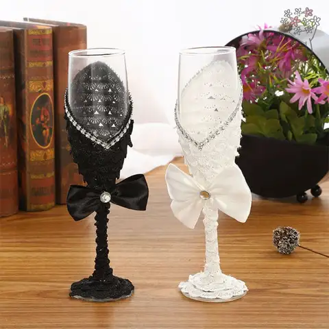 2pcs Set Wedding Glass Creative Black White Dress Crystal Wedding Champagne Glasses Goblet Red Wine Glass Cup Wedding Decoration