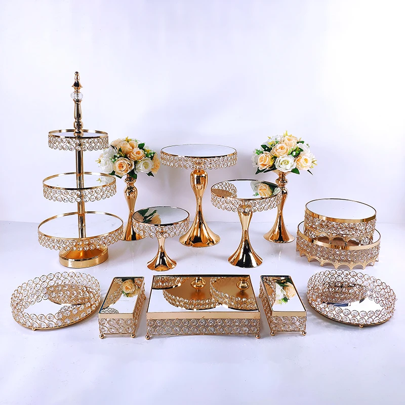 6-16pcs Crystal Metal Cake Stand Set  Acrylic Mirror Cupcake Decorations Dessert Pedestal Wedding Party Display Tray