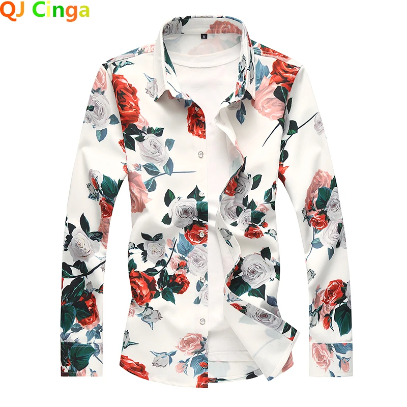 

Big Size White Long Sleeve Rose Printed Shirt Men Spring and Autumn Men's Shirts Business Casual Camisa S-5XL 6XL 7XL Chemise