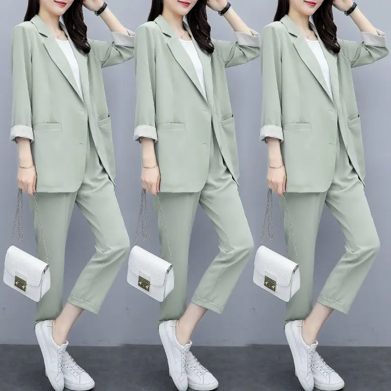 Vintage Women Pant Suit Women Casual Fashion Light Green Notched Blazer Jacket  Pant Office Wear Women Suits Female Sets