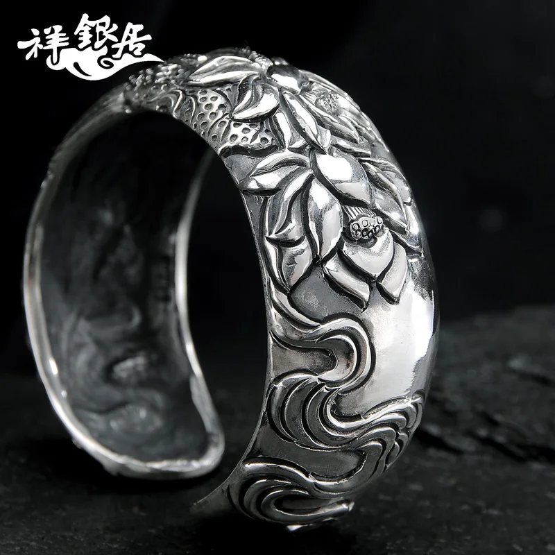 

★ancient ways in original design open width 999 sterling silver bracelets embossed lotus lotus fine silver bracelet