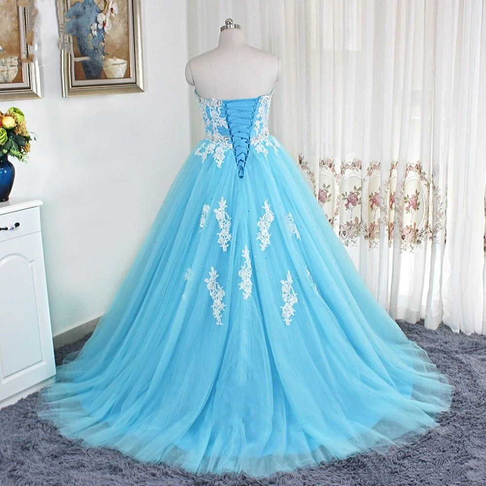 Vestidos de Quinceañera de encaje azul con blanco, sin tirantes, cinta de cristal de tul con cordones en la espalda, vestido Formal de noche de graduación moderno