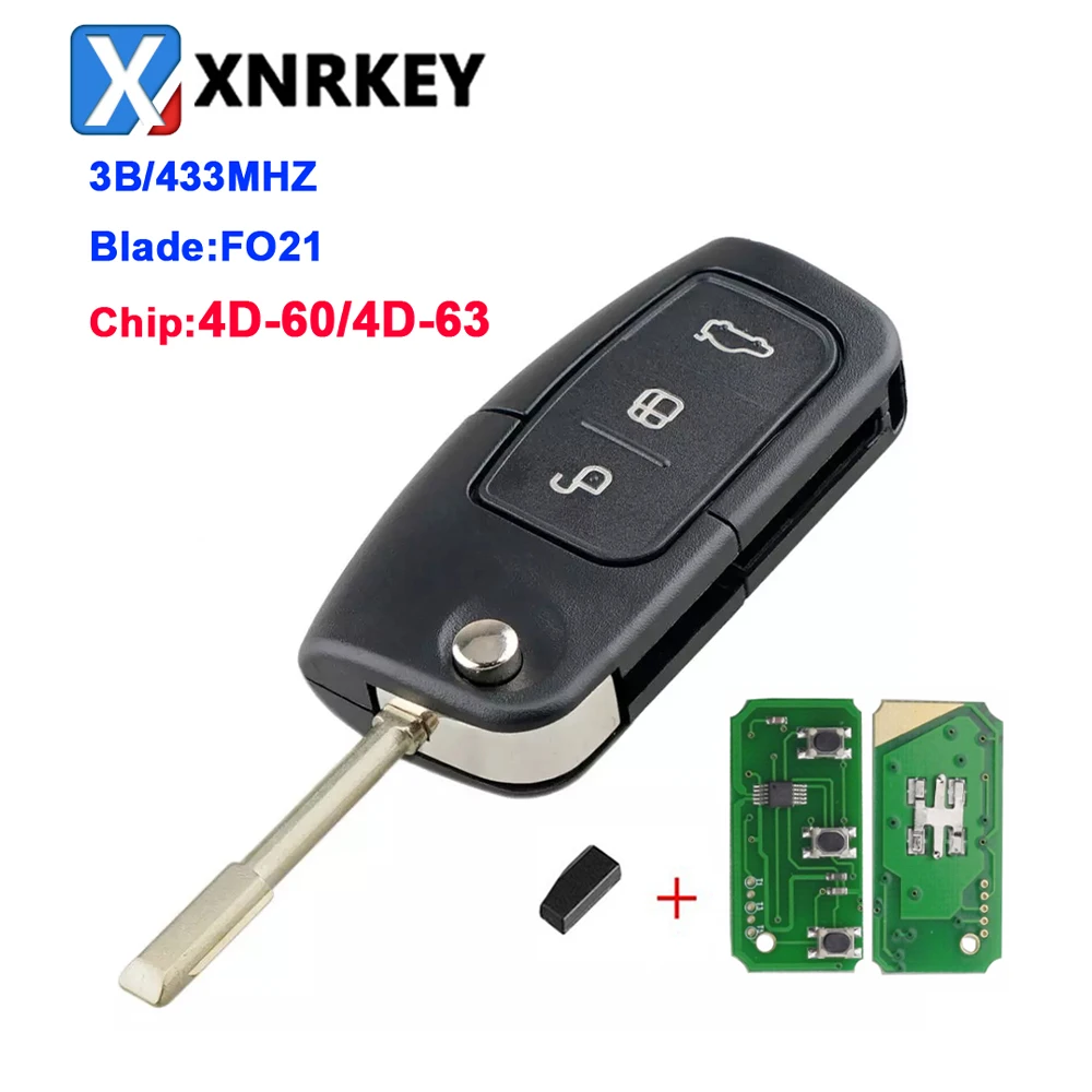 

XNRKEY 3 Button Flip Remote Car Key 4D60/4D63 Chip 40/80 Bit 433Mhz with FO21 Blade for Ford Focus 2 3 Mondeo Fiesta Car Key