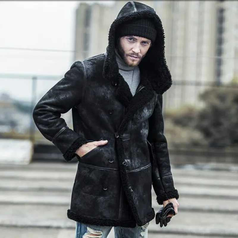 

New naturall Fur one Medium Long Hooded Leather Fur Coat Vintage Mens Leather Jackets Sheepskin Genuine Leather Jacket Men