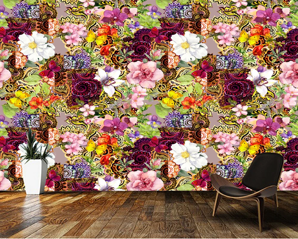 

Custom papel de parede graffite, Flowers and Indian ornaments mural for living room bedroom sofa background decorative wallpaper