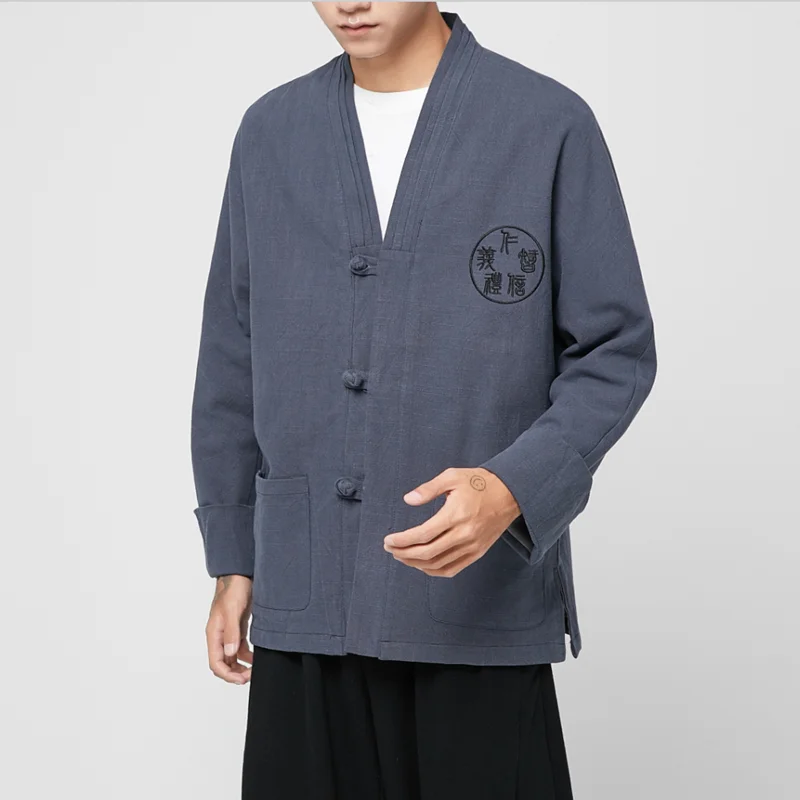 

Autumn Men's Chinese Style Cotton Linen Coat Men Loose Kimono Cardigan Men Embroidery Hanfu Linen Outerwear Jacket M-5XL