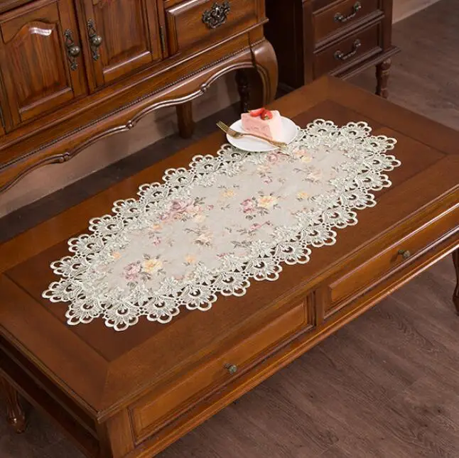 Luxury Modern Retro European Embroidered Floral Oval Tablecloth Lace Crochet Table Dinning Table Cover Living Room Table Mat