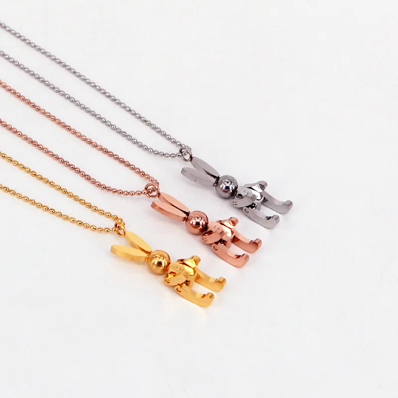 Robot Rabbit Pendant Bunny Necklace Women Stainless Steel Cute Lucky Jewelry Movable Limbs Charm Rose Gold Silver Color Korean