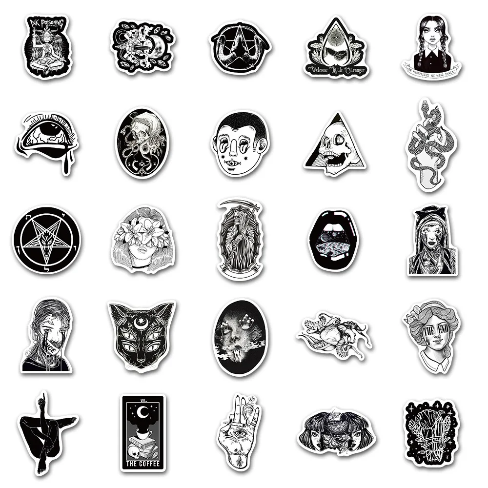 10/30/50PCS Black And White Punk Style Gothic Graffiti Waterproof Suitcase Trolley Case Notebook Skateboard Sticker Wholesale