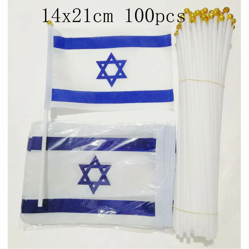 

zwjflagshow Israel Hand Flag 14*21cm 100pcs polyester Israel Small Hand waving Flag with plastic flagpole for decoration