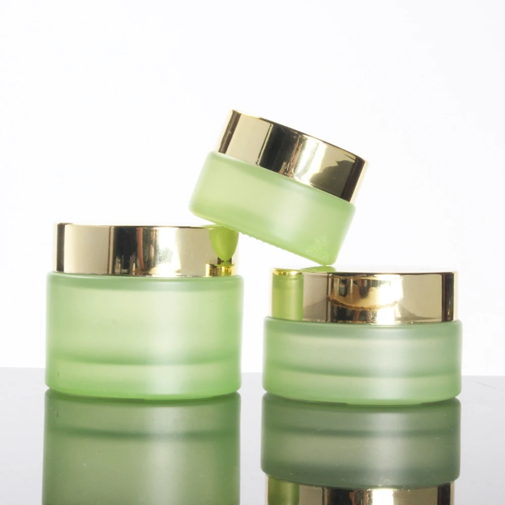 

50g Green Empty Container with Gold/Silver Lid,50ml Frosted Glass Jar