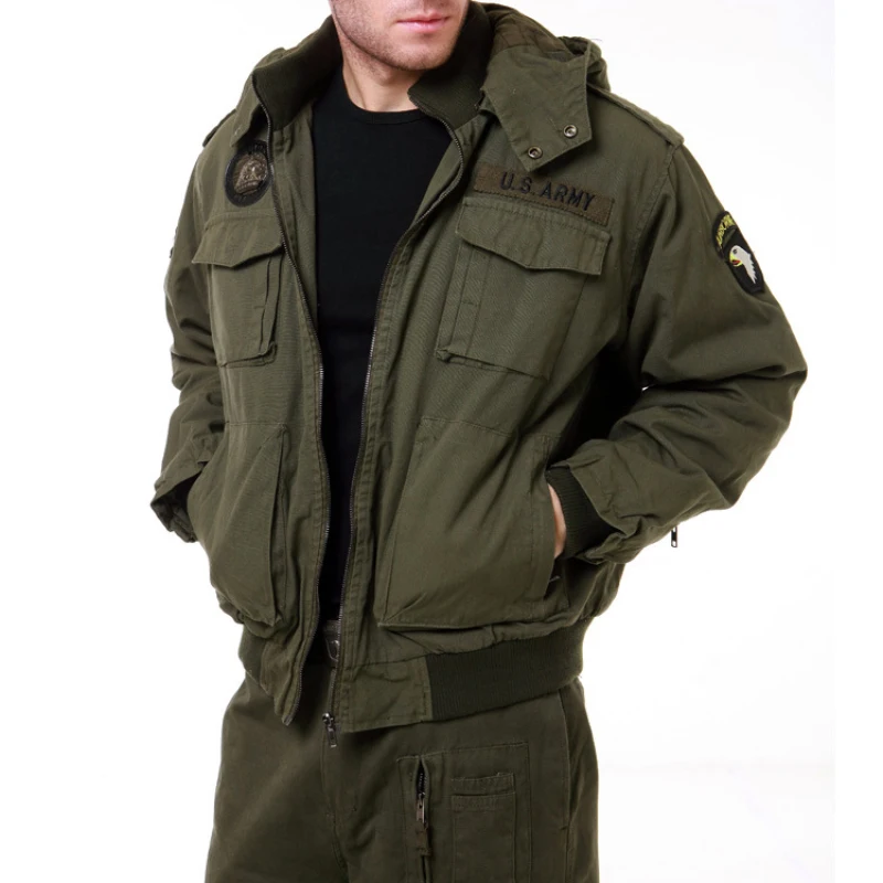 Outdoor Military Multi-pocket Flight Jacket Army Fan Padded Jacket Cotton Men\'s Hooded Short Jacket Winter Coat Men